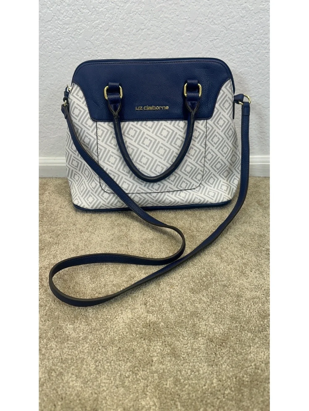 Liz Claiborne Dome Satchel Faux Leather Blue White Monogram Purse Shoulder Strap